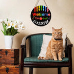 Welcome Sign for Classroom Door Decorations 12x12in Welcome to Our Classroom Sign Welcome Back to School Door Hanger Teacher Welcom Round Wood Hanging Signs for School Classroom Wall Board Supplies