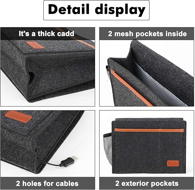 Bedside Caddy, Bed Storage Organizer for Remote Controller, Books, Magzine, Laptop Holder, 12.4'' x 8.6'' inch Bedside Hanging Felt Storage Bag for Dorm Bed with 5 Pockets, Dark Gray