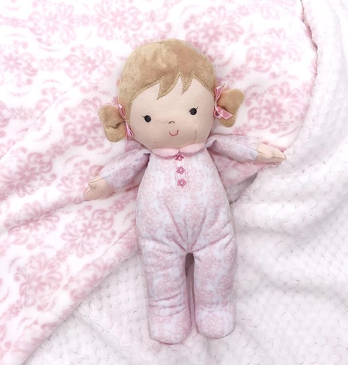 Little Me Plush 11 inch Baby Doll with Rattle, Brigitte (Floral Damask, Pink)