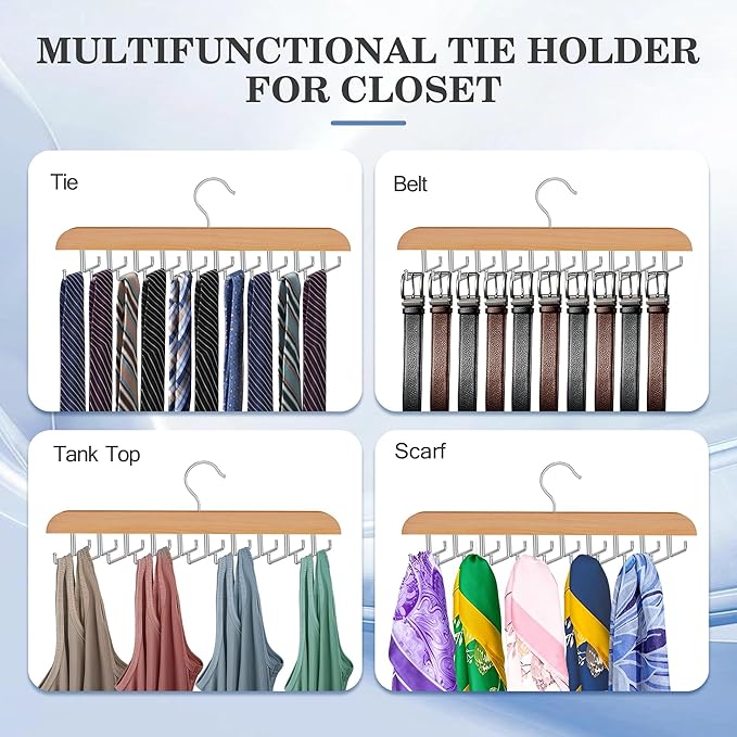 Tie Rack Hanger for Closet 20 Foldable Hooks, 2 Pack Wooden Non Slip Large Capacity Space Saving Tie and Belt Organizer with 360°Rotating Hooks for Tank Tops Bras Scarves Hat