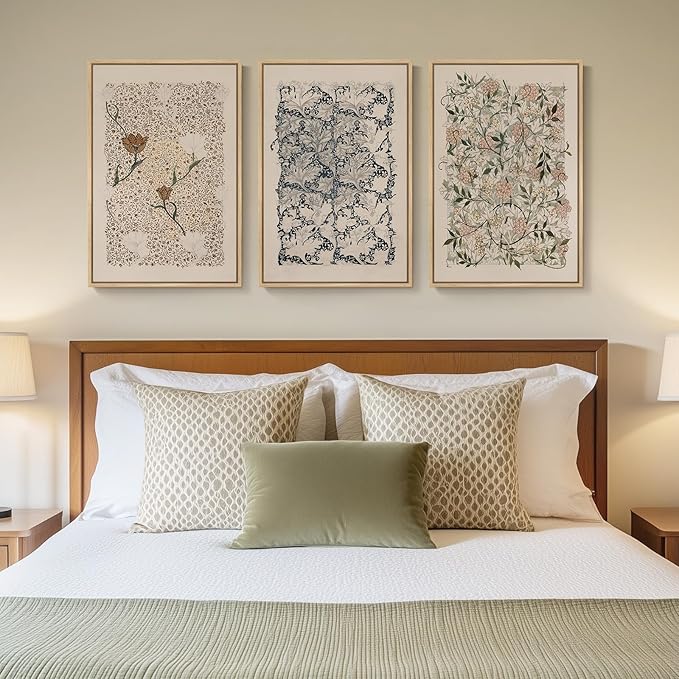 Framed William Morris Canvas Wall Art for Living Room, Set of 3 Large Neutral Floral Botanical Prints, Vintage Rustic Boho Pictures for Bedroom Hallway Office, 16x24 Inch