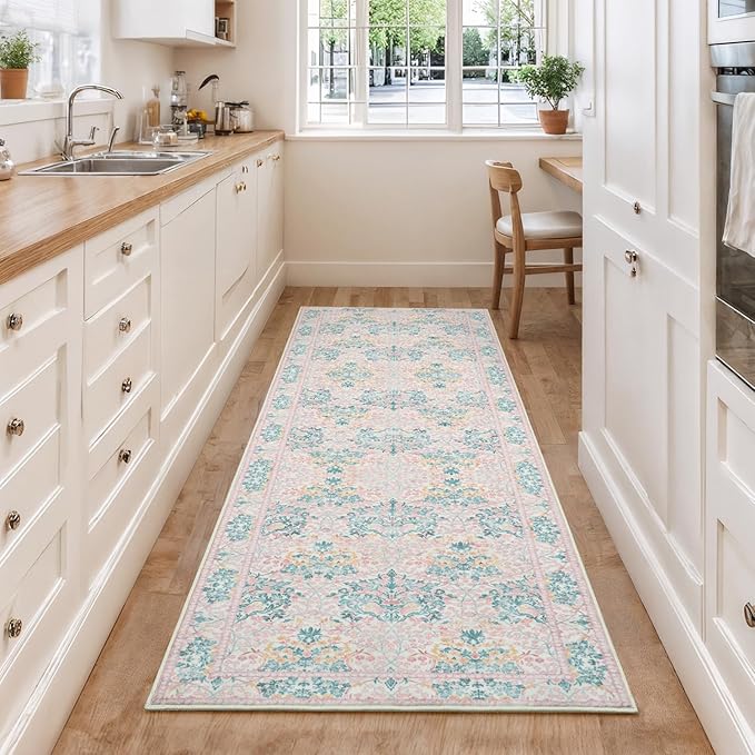 Lessymo Pink Runner Rug for Entryway, 2x6 Kitchen Rugs Non Slip Rubber Fuzzy Soft Washable Runners for Hallway, Faux Wool Small Floor Mat Bedroom Rug, Vintage Floral Design Decor, Pink Green