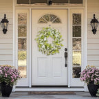 Green Year Round Wreaths 22 Inch Fabric Leaves Wreath with Lambs Ear Leaves & White Flowers, All Seasons Wreaths for Front Door Spring Summer Porch Wall Indoor Outdoor Farmhouse Decor