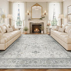Lessymo Washable Rugs for Living Room, 9x12 Large Area Rug for Bedroom Dining Home Office, Soft Non-Slip Vintage Geometric Oushak Carpet, Boho Neutral Farmhouse Decor, Taupe Grey
