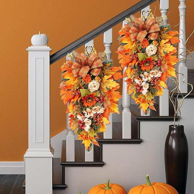 Fall Swag for Front Door – Maple Berry Teardrop Arrangement, Harvest Holiday Garland, Seasonal Ornament for Porch, Entryway, Lobby, Window Display, Mantel Decoration, Festival Celebration