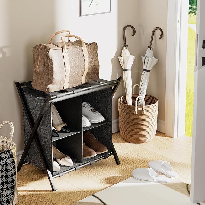Luggage Rack for Guest Room, Folding Suitcase Stand with Fabric Storage Shelf, Luggage Holder, Steel Foldable Luggage Stand for Guest Room, Bedroom, Hotel, Black