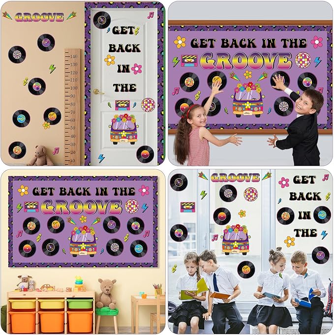 Pajean Groovy Music Bulletin Board Set Retro Record Classroom Decorations 80s 90s Disco Record Flower School Bus Cutouts with Purple Borders for Door Wall Chalkboard Decor Office Supplies