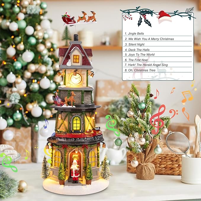 Christmas Village Houses Christmas Collectible Buildings Bell Tower with LED Lights,Xmas Vacation Village Musical with USB Indoor Display Figurines Decoration