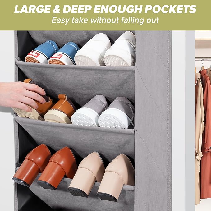 2 Pack Minimalist Grey Over the Door Shoe Organizer with 10 Pockets, Hanging Closet Storage Rack for Shoes, Sneakers, Accessories