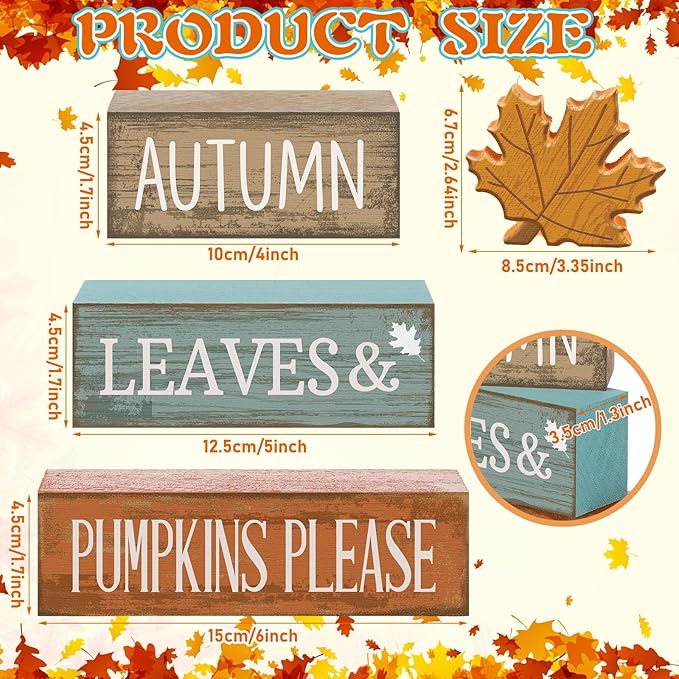 Lineshading 4 Pcs Fall Decorations for Home Thanksgiving Decor Wooden Maple Leaf Fall Table Centerpiece Autumn Tiered Tray Rustic Wood Maple Leaf Block Sign Farmhouse for Home Kitchen Shelf