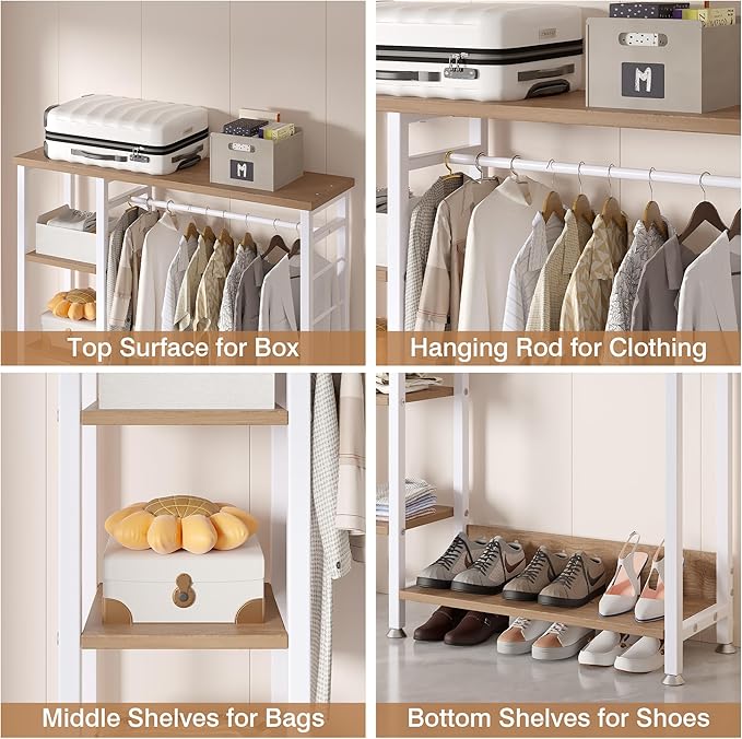 VECELO Open Garment Clothing Rack, Free-Standing Heavy Duty Storage Closet with 5 Shelves and Hanging Rod for Small Spaces, Max Load 350LBS, White Oak