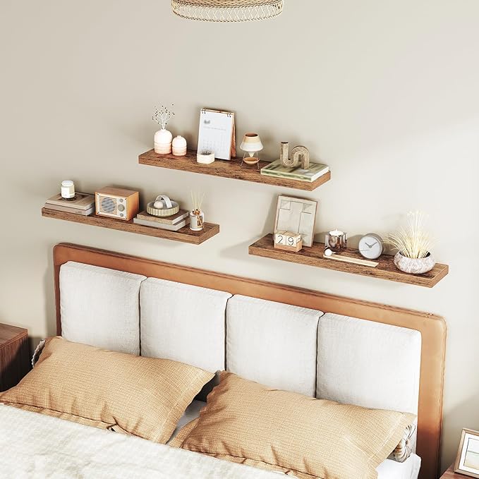 RALGEND Floating Shelves for Wall, 1.5" Thick Wall Shelf Set of 3 with Invisible Brackets, L31.5 x W7.9 Hanging Shelves Farmhouse Home Decor for Bathroom, Living Room, Bedroom, Rustic Brown 8301BJP3BF