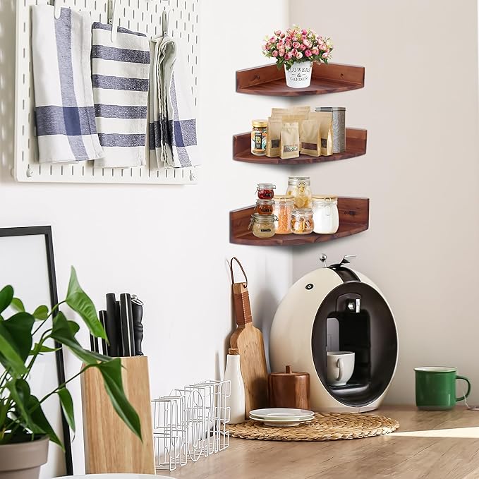 Demigo Corner Shelf Wall Mount Set of 3, Solid Acacia Wood Round Floating Corner Shelves for Storage and Display, Hanging Wood Shelves for Bedroom, Kitchen, Living Room, Bathroom (Brown)
