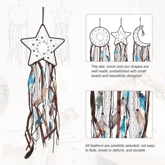 PATIKIL 28" Moon Sun Star Dream Catchers Set, Feather Handmade Dream Catchers Wall Hangings Art Decor for Home Wedding Bedroom Living Room Ornament,Blue Brown
