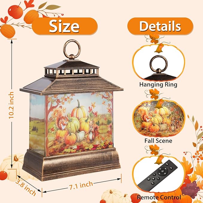 Fall Snow Globe Lantern Thanksgiving Pumpkins and Squirrels Water Lantern with Swirling Glitter 6H Timer Remote Control Fall Decorations for Home Thanksgiving Autumn Harvest (Pumpkin and Squirrel)