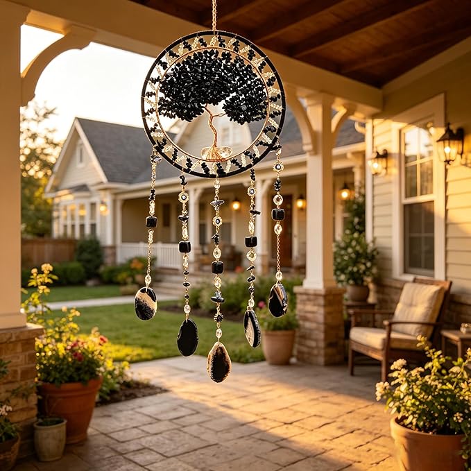 Tree Life Dream Catcher and Sun Catcher, Handmade Healing Crystal Boho Window Hanging for Home Decor, Rainbow Maker Wall Decor, for Women, Housewarming (Black)