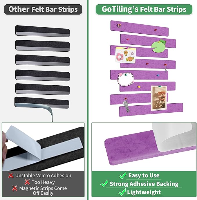Cork Board for Walls - 8 Pack Felt Pin Board Bar Strips - Self-Adhesive Lightweight Bulletin Board - Cork Board for Office with 40 Push Pins No Damage for Wall (Rose)