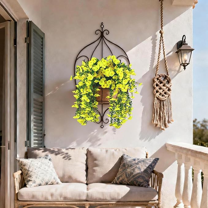 Artificial Hanging Flowers for Outdoors, 2 PCS UV Resistant Faux Silk 150 Morning Glory Each Trailing Vines, Fake Plants for Spring Outdoor Garden Planter Porch Patio Decoration, Yellow