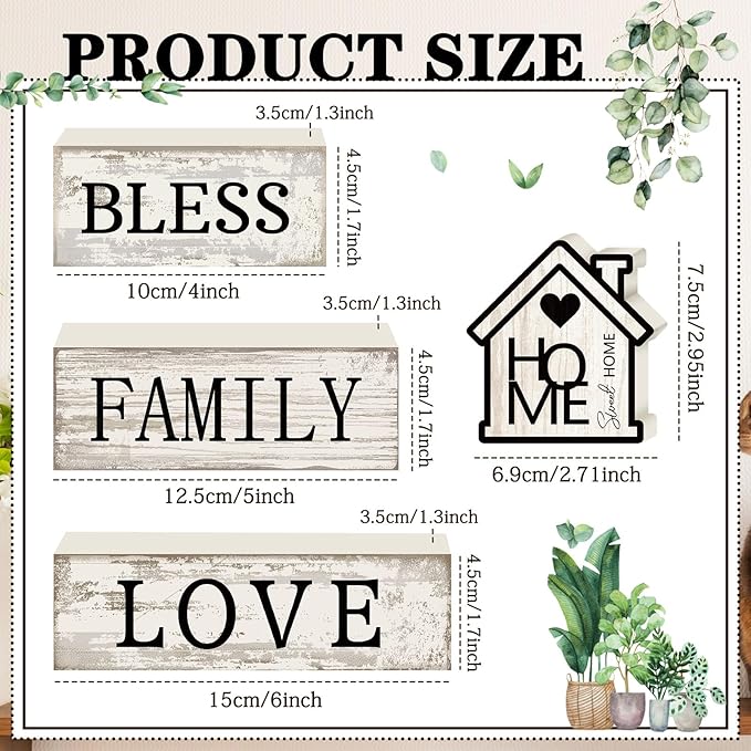 Yuntau 4 Pcs Farmhouse Wooden Tabletop Decor Sweet Home Tiered Tray Decor Rustic Retro Wood Bless Family Love Block Sign Gift Neutral Centerpiece Farmhouse Table Sign for Home Shelf Mantle