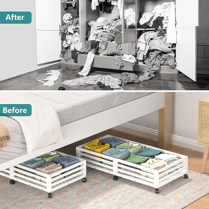 Wisuce Bamboo Under Bed Storage Containers- Underbed Organizer with Wheels with Large Dust Bag,Sturdy Wood Rolling Under the Bed Shoe Storage Organizer Drawer 2 Packs (White, Long)