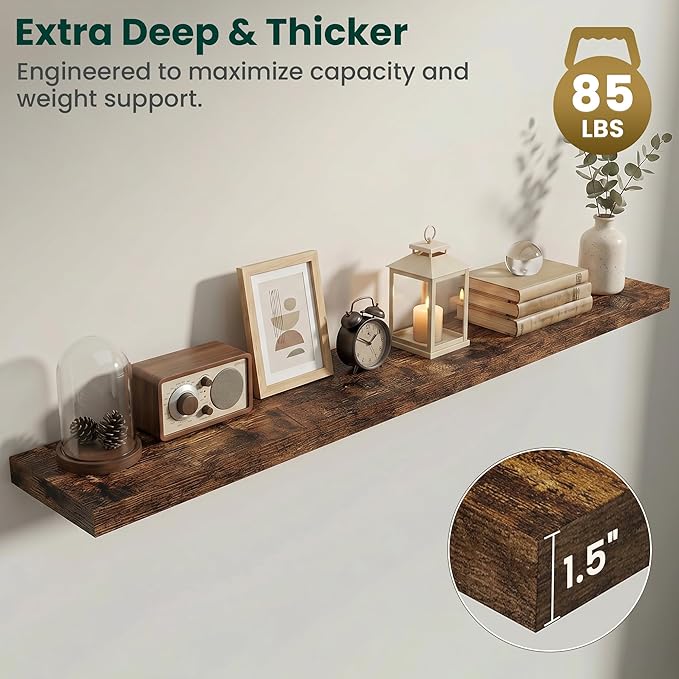 Floating Shelves for Wall 72 in x 9.3 in Deep, Wall Mounted Rustic Wood Shelf with Invisible Brackets for Storage & Display, Living Room Bedroom Bathroom, Brown, 1 Pack