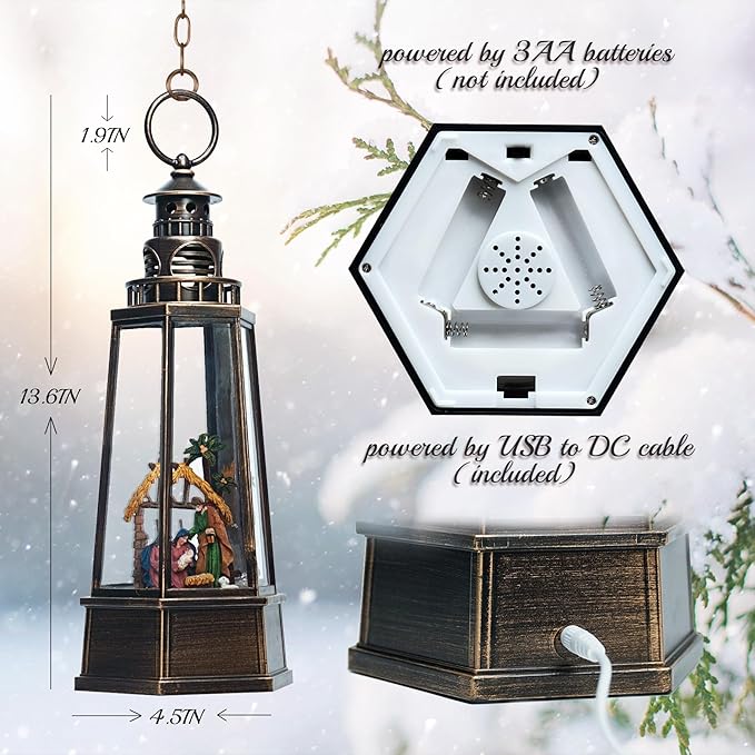 13.5'' Christmas Nativity Snow Globe, Retro Lighthouse Style Musical Lighted Water Lantern, Decoration with Swirling Glitter, USB Powered and Battery Operated, Xmas Home Décor Gift