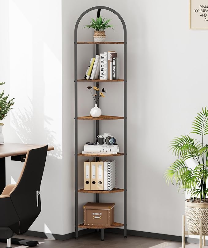 Homhedy 6-Tier Arched Corner Shelf Stand, Wall Corner Bookshelf with Metal Frame, Plant Stand, Industrial Storage Rack Shelf for Living Room, Bedroom, Office, Bathroom, Rustic Brown and Black