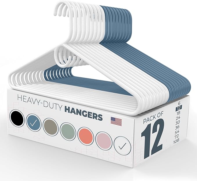 Neaties Heavy Duty Clothes Hangers 12 Pack – Made in the USA – 8lb Capacity Plastic Hangers for Adult Clothing – Durable for Pants, Coats, Jackets, or Jeans – White & Blue