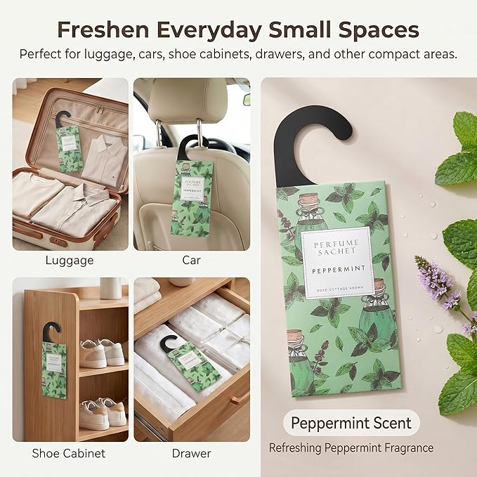 ROSE COTTAGE Large 12 Packs Peppermint Hanging Closet Deodorizer Air Freshener Long Lasting Scented Sachets Smell Goods for House