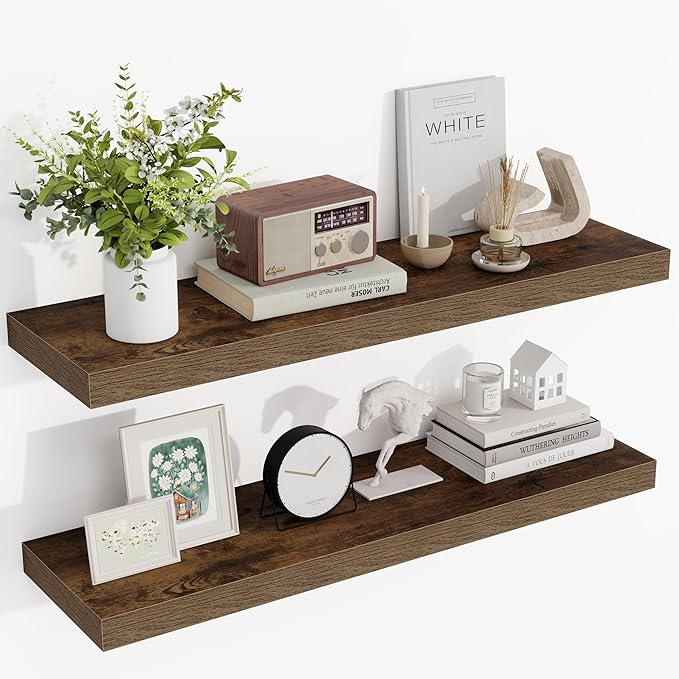 Acovy 36 Inch Floating Shelves, 36"x9.25"x1.5" Inch Deep Floating Shelves for Wall, Wooden Shelves for Bathroom, Bedroom, Living Room, Brown, 2 Pieces