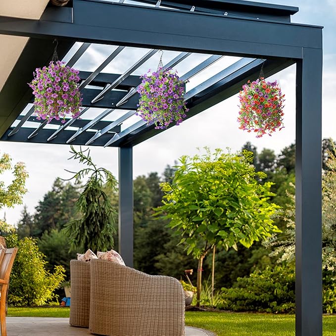 Homsunny Artificial Fake Hanging Plants Flowers Baskets for Outdoor Outside Spring Decor,Faux Silk Daisy UV Resistant Look Real Summer Decorations for Home Porch Patio Yard Garden(Mix Purple