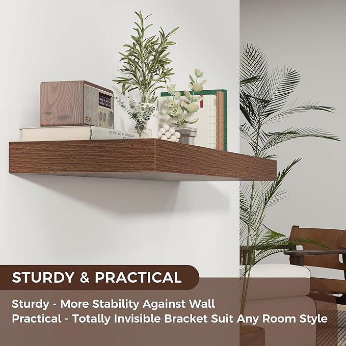 Venusmiles Floating Shelves for Wall, 40" W x 12" D x 2" H, 1 Pack of Long Wall Mounted Engineered Wood Shelves with Invisible Brackets for Living Room, Bedroom, Bathroom, Kitchen Decor, Walnut
