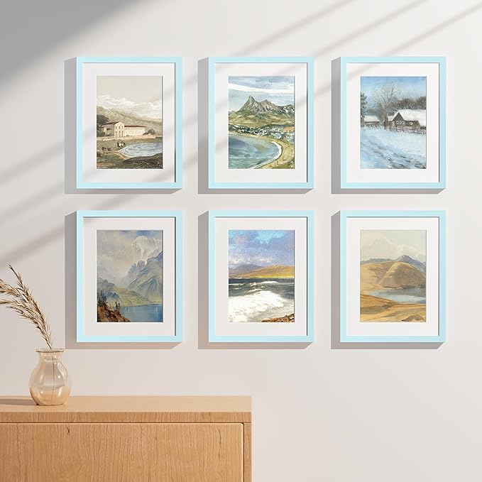 Vittanly 11x14 Picture Frames Set of 9, Shatter Resistant Plexiglass, Display 8x10 Pictures with Mat or 11x14 without Mat, Photo Frames for Wall or Tabletop, Engineered Wood, Light Blue