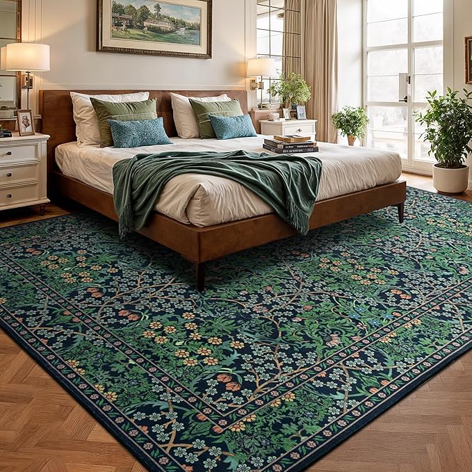 Lessymo Floral Extra Large Area Rug 10x14 for Living Room, Machine Washable Carpet for Bedroom, Soft Low Pile Non-Slip Rug for Dining Room Under Table, Boho Floral Design, Forest Green