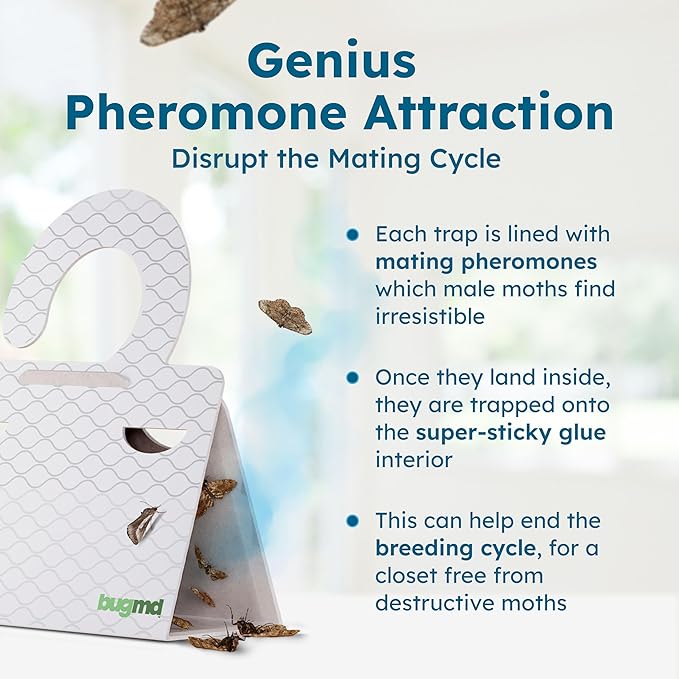 BugMD Clothes & Pantry Moth Traps (18 Count) – Sticky Glue Pheromone-Based Repellent for Closets, Cabinets & Wardrobes – Non-Toxic - White