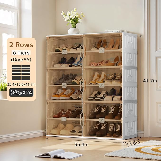 Foldable Shoe Rack Organizer for Entryway with Clear Magnetic Doors - Large Capacity Shoe Cabinet for Boots, Sneakers & All Shoes, Easy Assembly, White 6-Tier 24 Pairs