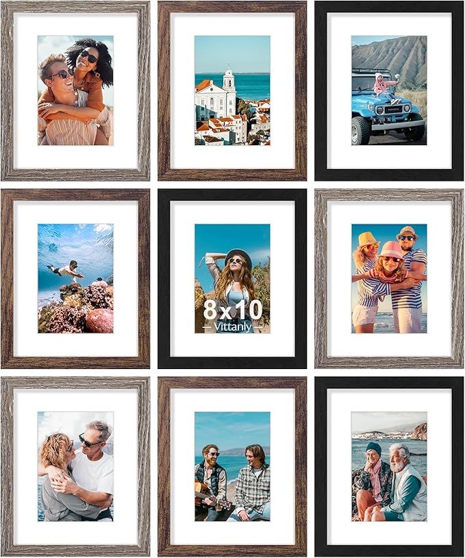 Vittanly 8x10 Picture Frames Set of 9, Display 5x7 Pictures with Mat or 8x10 without Mat, Photo Frames for Wall or Tabletop with Plexiglass, Engineered Wood, Black&Brown&Dark Grey