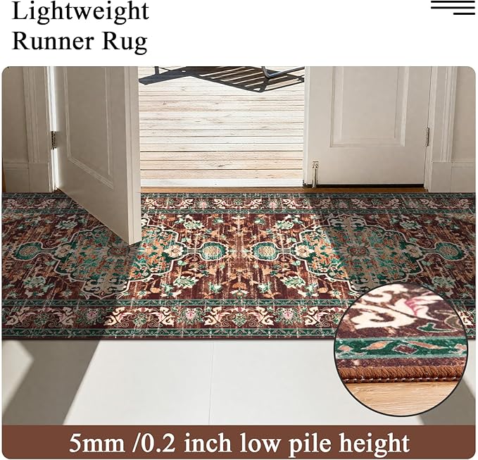 U'Artlines 3' x 18' Boho Hallway Runner Rug, Rust Non Slip Washable Vintage Farmhouse Accent Rug Carpet for Kitchen Entryway Laundry and Living Room (Rust＆Teal)