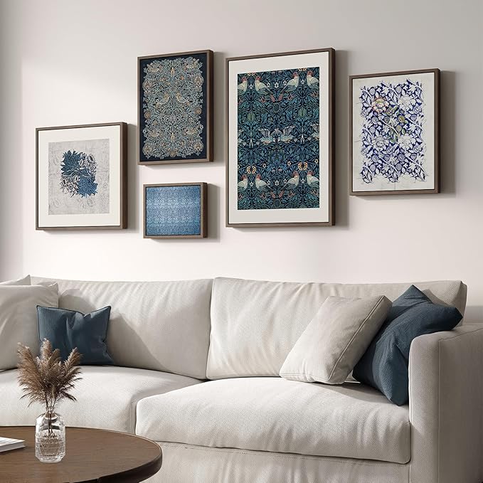 Framed William Morris Wall Art for Living Room, 5 Piece Large Vintage Blue Canvas Prints Set, Floral Botanical and Bird Pattern Aesthetic Decor for Bedroom, Hallway, Home Office, Kitchen, Guest Room