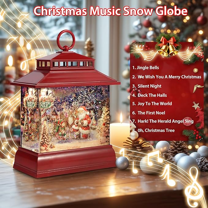 Christmas Snow Globe Lantern Water Glittering Lantern with 8 Songs & 6H Timer Romote Control Christmas Snow Globes USB & Battery Operated for Christmas Festival Decorations Gifts (Santa and Reindeer)