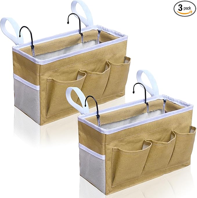 Bedside Caddy Hanging Storage Bag, Organizer Baskets with Pockets for Bunk Bed Accessories, Loft & Dorm Rooms Chair Bed Rails (Khaki-2pcs)