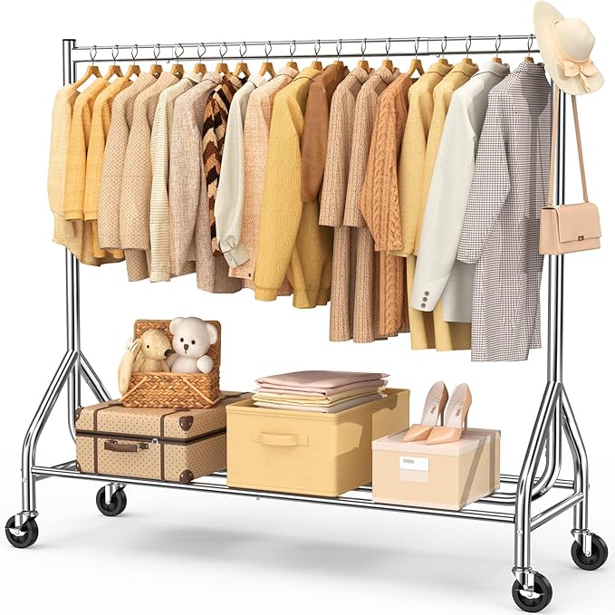 EAGMAK Heavy Duty Clothes Rack Load 420 LBS, Rolling Garment Rack with Lockable Wheels, Standing Metal Clothing Rack, Portable Wardrobe Sturdy Coat Rack for Hanging Clothes (Silver, 59″×18.9″×63″)