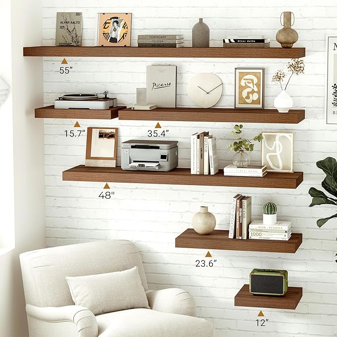 Vivelove Rustic Floating Shelves for Wall 12 Inch Deep, 48" X 12" X 1.5" Floating Shelf, 2 Inch Thick Shelf for Living Room Bathroom Bedroom Kitchen Office, Rustic Farmhouse Decor Set of 2, Walnut