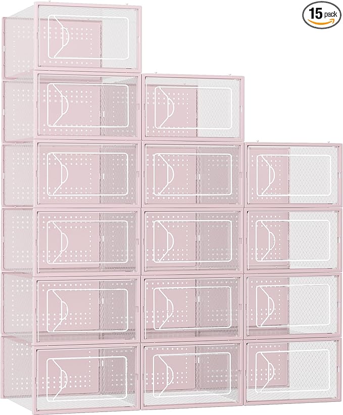 Shoe Storage Box, 15 Pack Clear Plastic Stackable Shoe Organizer for Closet, Interlocking Design Shoe Container Bins for Sneakers, Foldable Shoe Rack with Lids, Pink