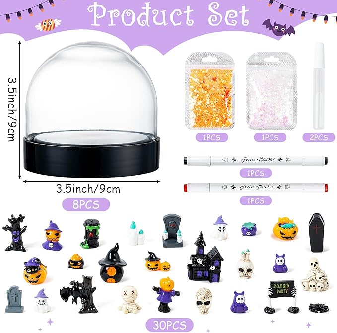 Halloween Snow Globe Craft Kit - 8 Set DIY Plastic Snow Globe Craft with Mini Resin Ghost Haunted House, Make Your Own Party Decor with Glitter for Classroom Activity Gifts (Halloween)