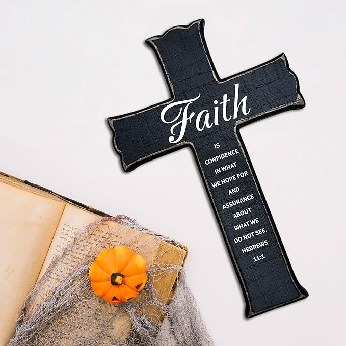 dsjaidh Cross Wall Decor - Black Scripture Wooden Cross For Wall - Gothic Wooden Hanging Signs Christian Easter Decor for Home Office Church Baptism - Christian Gifts for Men Women (Faith) - A07