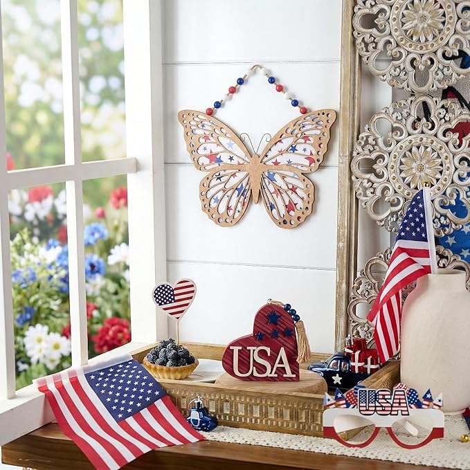 Valery Madelyn 4th of July Wreath, Patriotic Wreath for Front Door, Red White and Blue Butterfly Decor, Wooden Americana Sign for 4th of July Independence Day USA 250th Anniversary, 16 Inch