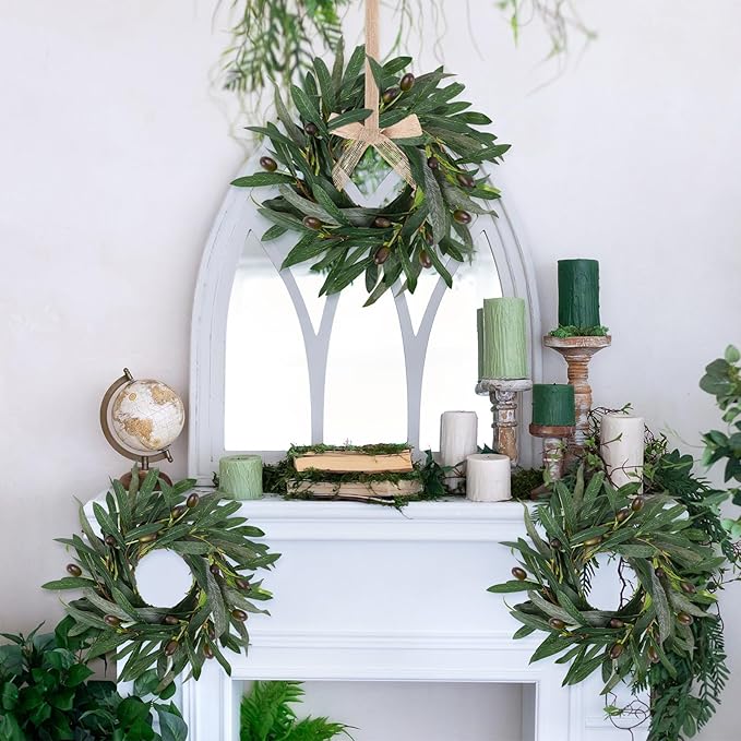 8 Pcs Artificial Green Olive Wreaths Greenery Wreath with Olive Leaves Mini Green Kitchen Cabinet Wreaths Swag Spring Summer Wreath for Front Door Porch Wall Window Farmhouse Wedding Decoration