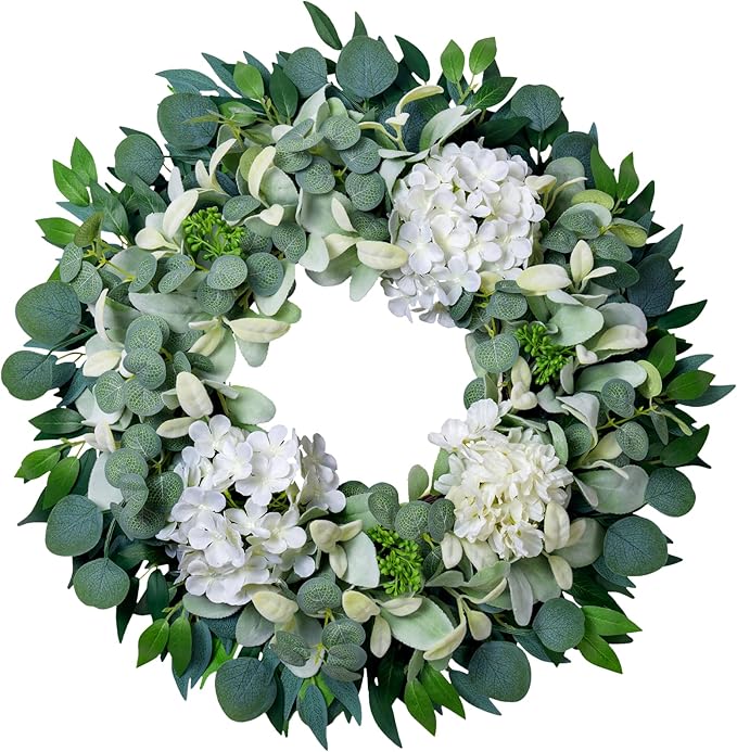 Spring Summer Wreaths for Front Door Porch, 22" Hydrangea Eucalyptus Wreath for Indoor Outdoor All Seasons, Artificial Greenery Farmhouse Decor for Mother's Day