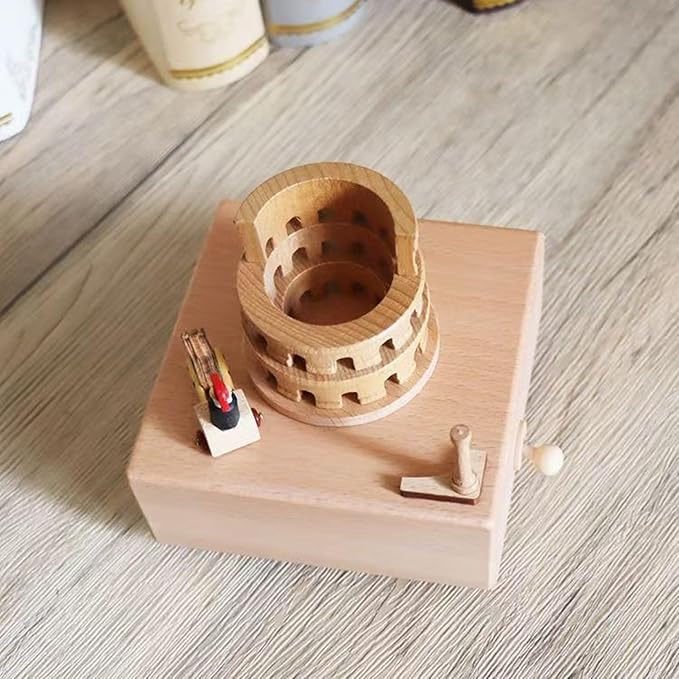 Natural Solid Wood Handcrafted Beech Wooden, Musical FigureTotoro/Carousel/Fairy/Ballerina Figurine,Rotating Hand Crank Mechanism Music Box,Musical Decorations (Colosseum)